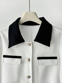 Lyxana Women's Autumn/Winter New Fashion Loose Casual Color Block Short Jacket - Black and White - View 5