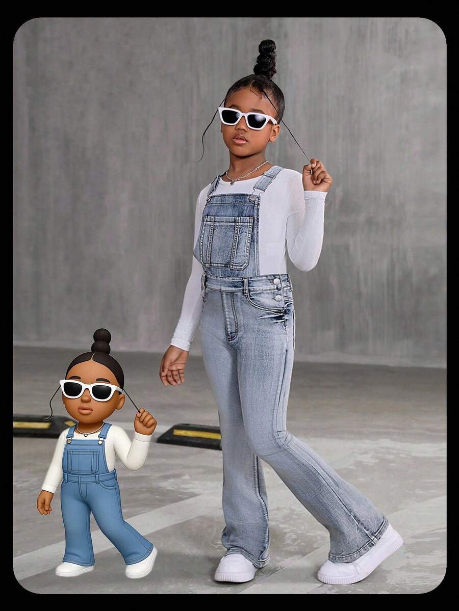 Peto vaquero de pierna acampanada con lavado vintage y tirantes ajustables estilo Y2K para niñas preadolescentes - Azul lavado oscuro - Ver 1