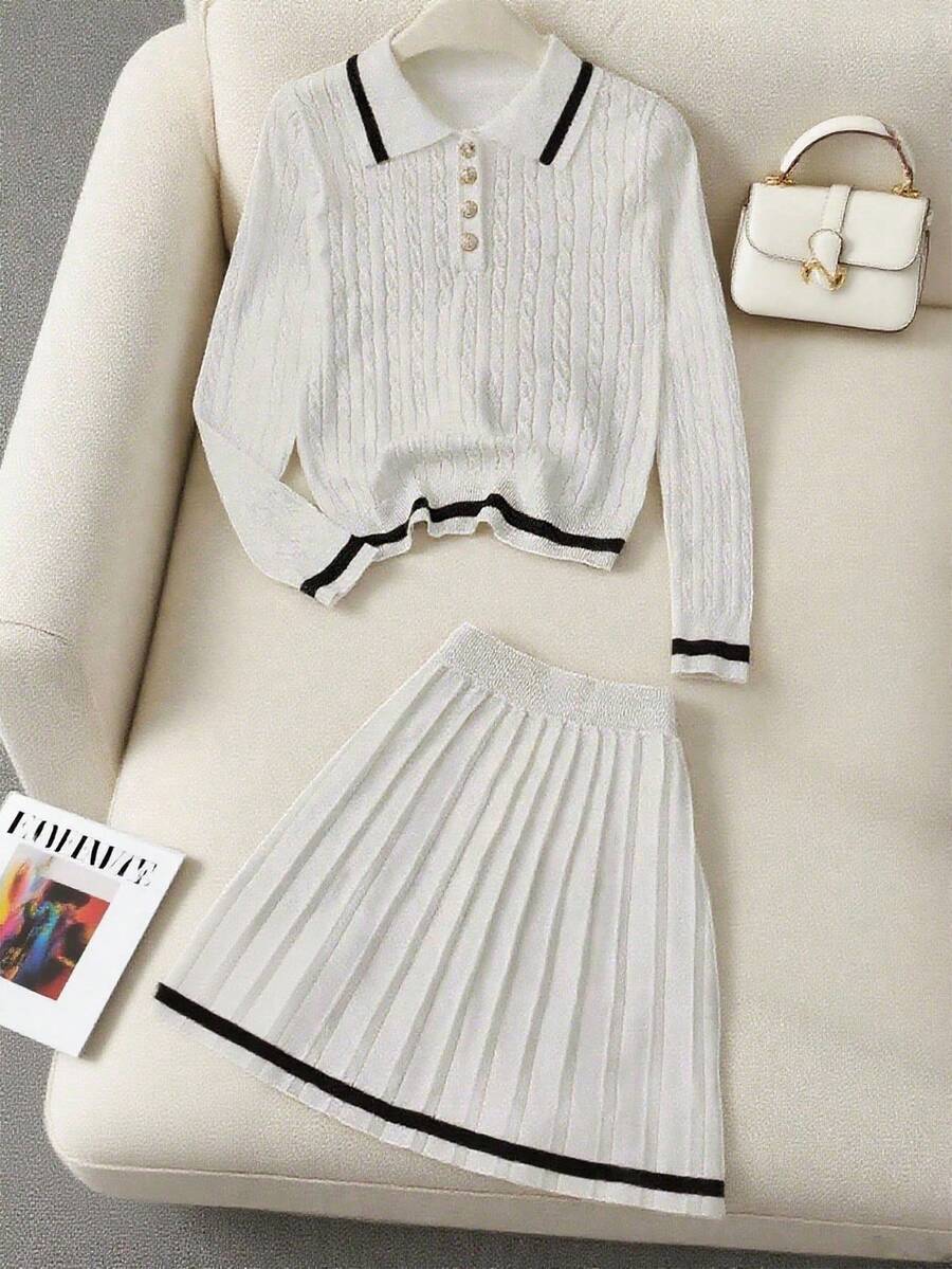 Franclia 2pcs/Set Spring New American Style Slim Fit Versatile Polo Shirt & Pleated Skirt Sweater Set For Women Fall Winter Cloth For Women - Black and White - View 1