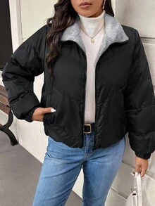 SHEIN Frenchy Plus Size Women Winter Fashion Versatile Fleece Jacket - Black - View 7
