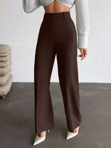 EURMUSE 女士口袋细节长款高腰优雅梭织裤 - 棕色 - 查看 3