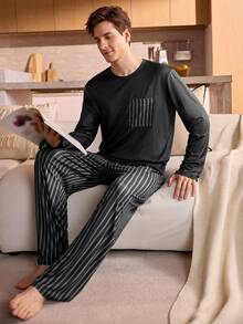 Manfinity Underwear&Sleepwear Basics 2pcs/Set Plus Size Men's Striped Crew Neck Long Sleeve Top And Striped Pants Pajama Set (Comfortable Loungewear) - Black - View 1