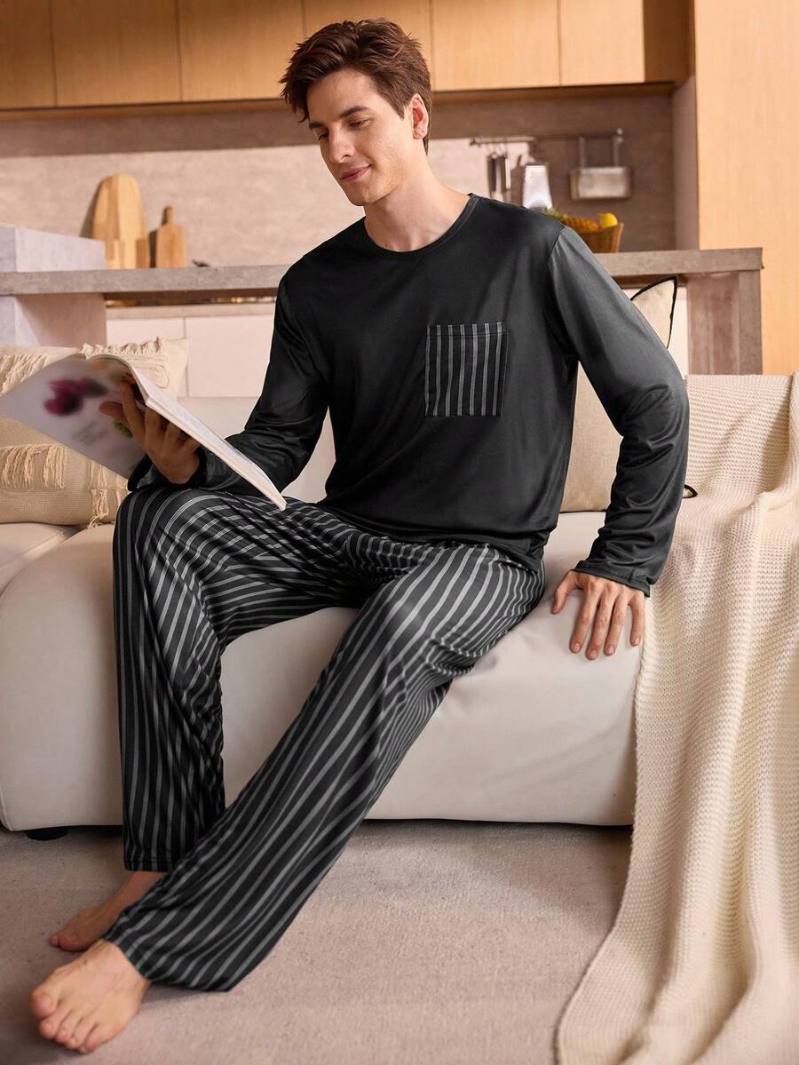 Manfinity Underwear&Sleepwear Basics 2pcs/Set Plus Size Men's Striped Crew Neck Long Sleeve Top And Striped Pants Pajama Set (Comfortable Loungewear) - Black - View 1