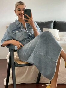 DAZY 女式短袖修身马球领收腰过膝休闲牛仔连衣裙