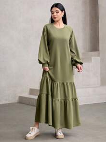 Graceveil Women's Casual Crew Neck Raglan Sleeve Layered Ruffle Hem Long Sweatshirt, Green - Green - View 3