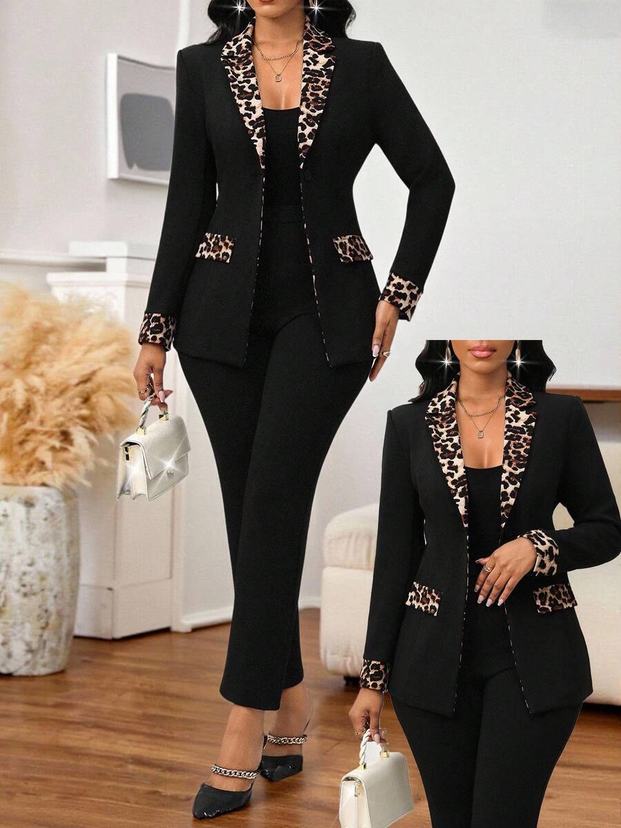 SHEIN Lady 秋冬女士豹纹拼布西装外套和裤子套装 - 彩色 - 查看 1