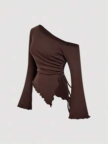 SHEIN MOD 女式黑色羊毛抽绳不对称下摆喇叭袖T恤，长袖，露肩T恤，秋冬女装，服装，舒适T恤 - 棕色 - 查看 5