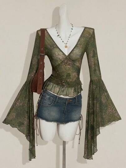 SHEIN ICON 复古印花网眼透视 V 领喇叭袖女式上衣