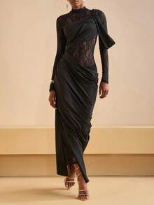 Zivah 新款秋冬优雅派对礼服，奢华高贵日常约会、生日派对、性感高端派对、夜店风、婚礼季宾客礼服、音乐节狂欢季婚礼宾客正式礼服、新娘礼服、高领长袖两件套连衣裙、蕾丝拼接针织面料、黑色透视连衣裙、紧身连衣裙、长款连衣裙、女士超长连衣裙 - 垂褶连衣裙 黑色透视连衣裙 优雅女士连衣裙 - 黑色 - 查看 3