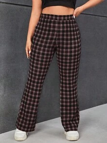 SHEIN EZwear Plus Size Plaid Print Elastic Waist Flare Pants/Winter - Brown - View 1