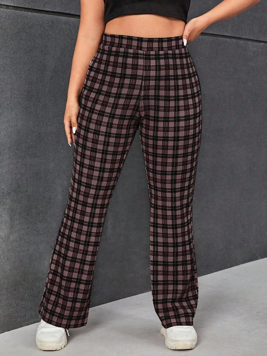 SHEIN EZwear Plus Size Plaid Print Elastic Waist Flare Pants/Winter - Brown - View 1