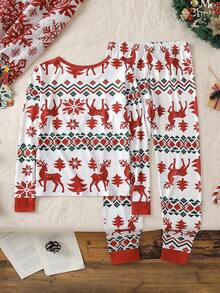 SHEIN 1 套圣诞快乐少女紧身睡衣，长袖勃艮第上衣，带有驯鹿、绿色和红色雪花、红色和白色几何印花，配套裤子，柔软弹力针织面料，可机洗，穿着舒适，家庭配套服装（4 套单独出售） - 彩色 - 查看 2