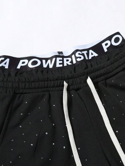 Street Life Unisex Sweatpants With Dual Waistband Design, Street Style American English Rhinestone Print, Straight Leg