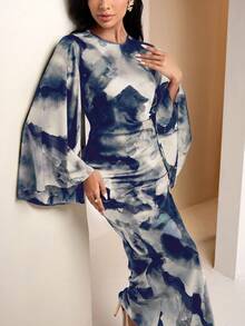 Veilorie Women's Tie-Dye Print Round Neck Flare Sleeve Ruched Fishtail Hem Elegant Dress