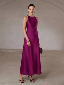 Aveloria Modichic Váy không tay dáng chữ A bằng vải acetate satin hai mặt, viền bất đối xứng, tối giản, thanh lịch dành cho nữ - Màu Hồng Tươi - Xem 7