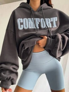 Livesso Damen Herbst/Winter Kapuzen-Sweatshirt mit Buchstaben-Stickerei, Oversized Passform, Langarm, Lässig mit Kordelzug