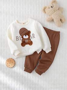 Cozy Pixies 2件套男婴卡通熊图案针织柔软圆领长袖连帽衫和弹性腰带保暖裤套装 - 棕色 - 查看 4
