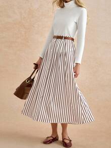 Écloséra 休闲时尚百搭弹性腰带搭配棕色皮带百褶长裙 - 咖啡棕 - 查看 4