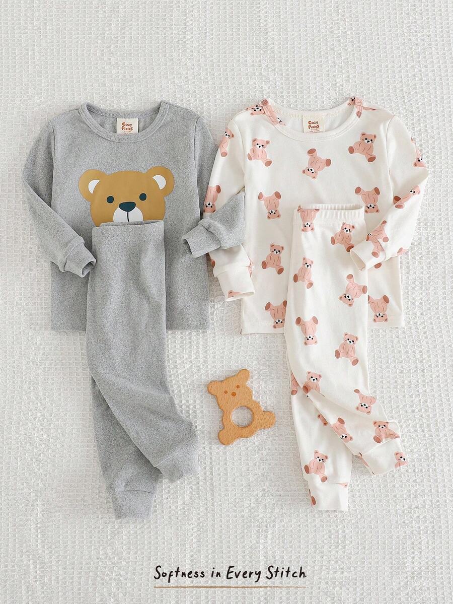 Cozy Pixies Bộ đồ ngủ 4 món cho bé gái, áo len cổ tròn tay dài in họa tiết động vật hoạt hình và quần dài cạp chun co giãn vừa vặn - Nhiều màu - Xem 1