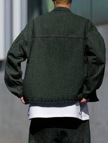 Claim Dot 男士休闲水洗通勤牛仔夹克，复古摇滚风，秋季款 - 墨綠色 - 查看 2