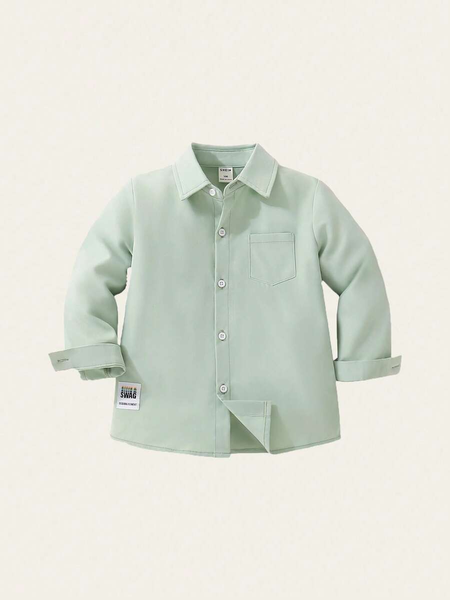 SHEIN Young Boy Casual Solid Color Long Sleeve Shirt, Delicate Small Logo Decor, Paired With Casual Pants, Suitable For Daily Casual Wear, Travel, Gatherings, Holidays, And School, Versatile Shirt For Spring And Autumn. - Mint Green - View 1