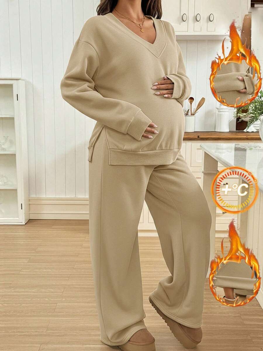 SHEIN 2 件孕妇休闲纯色侧开衩连帽衫和运动裤套装,秋冬两件套女士舒适 2 件休闲套装女士孕妇装 2 件套孕妇装两件套装舒适两件套 - 卡其色 - 查看 1