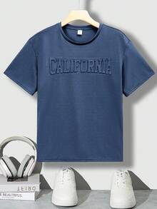 SHEIN 青少年男童休闲落肩短袖上衣，带3D压花英文文字 - 霧霾藍 - 查看 5