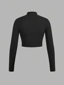 SHEIN EZwear 3pcs Women Zip-Up Ribbed Fabric Mock Neck Long Sleeve T-Shirt Set, Suitable For Spring & Autumn