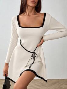 EURMUSE Petite Scollo elegante con contrasto, fiocco a maglia, con tie in vita - Bianco e nero - Visualizzare 5