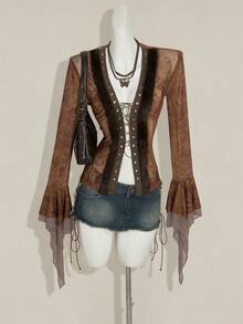 SHEIN ICON Women's Retro Sexy Bohemian Style Y2K Millennial Style Red Paisley Pattern Front Tie Splicing Wool Top Metal Eyelets Multi-Layered Ruffled Trumpet Sleeves See-Through Mesh Slim T-Shirt