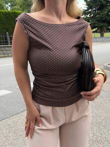 Jeta Ari Áo cánh hở vai in họa tiết chấm bi mùa hè cho nữ - Cà phê nâu - Xem 3