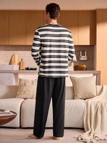 Manfinity Underwear&Sleepwear Basics Plus Size Women Striped Long Sleeve Pocket Top And Pants Pajama Set - Black and White - View 2