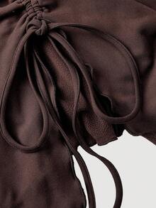 SHEIN MOD 女式黑色羊毛抽绳不对称下摆喇叭袖T恤，长袖，露肩T恤，秋冬女装，服装，舒适T恤 - 棕色 - 查看 3