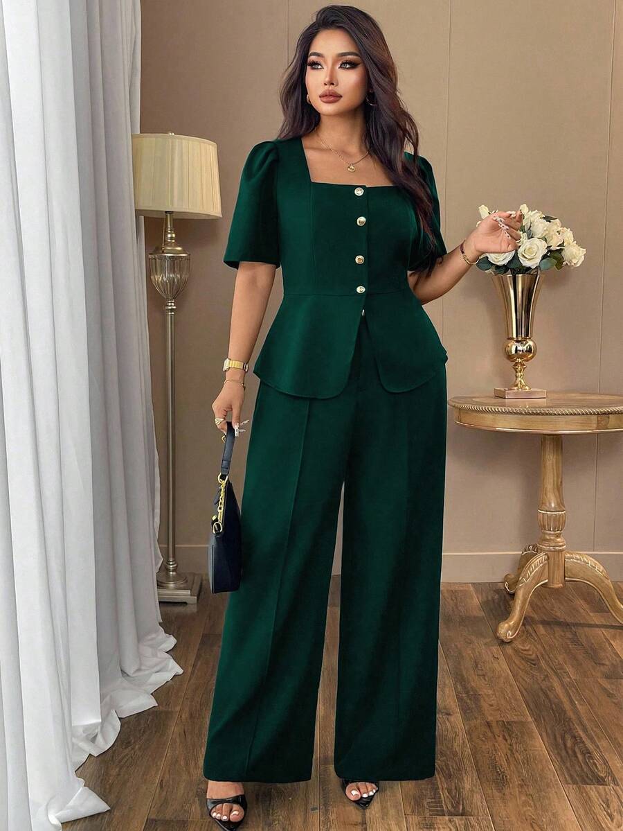 Auvina Áo khoác sơ mi đen trơn cổ vuông thanh lịch cỡ lớn dành cho nữ + Quần ống rộng cạp cao thời trang đi chơi, sang trọng và thoải mái - Màu xanh lá cây đậm - Xem 1