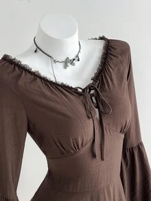 SHEIN Unity 女式时尚纯色喇叭袖蕾丝边迷你连衣裙 - 棕色 - 查看 3