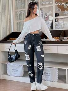 SHEIN EZwear 女式字母和笑脸印花口袋休闲锥形牛仔裤 - 黑色 - 查看 6