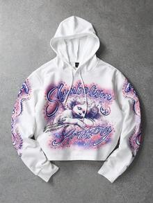 ROMWE MEN Street Life 男士休闲复古天使与字母印花抽绳连帽运动衫，适合春秋季 - 白色 - 查看 5