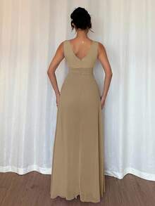 Rafferiza 优雅V领褶腰珍珠雪纺阔腿连体裤，适合婚礼宾客礼服，紫色 - 卡其色 - 查看 2