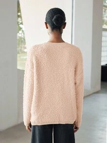 SHEIN LUNE 女士纯色圆领落肩长袖休闲宽松毛衣，秋冬 - 杏色 - 查看 2