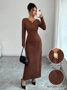 Elenzga Elegant Metallic Decor Waist-Cinched Knit Textured Women Dress, Suitable For Party And Everyday Wear