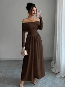 Elenzga Vestido de manga larga con hombros descubiertos y pliegues de unicolor para mujer