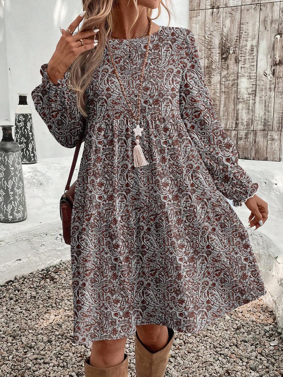 EMERY ROSE Casual Minimalist Cashew Flower Elegant Women's Mid-Length Dress, Autumn/Winter Boho Dress Women - Multicolor - View 1