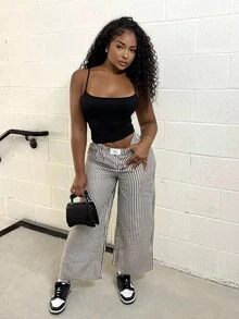 Alexandranx Women's Casual Striped Letter Print Elastic Waist Loose Wide Leg Pants