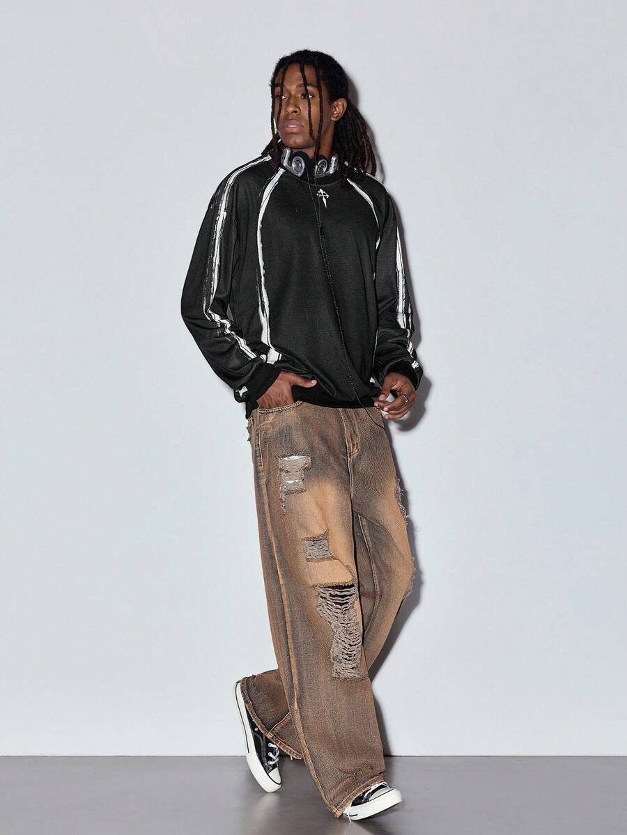 Men's Bronze Solid Loose Fit Wide Leg Pants, Zip, Pocket, Summer, Denim Pants, Lightweight, Breathable, Cool, Casual, Comfortable, Daily Wear, Gift For Father/ Husband - View 1