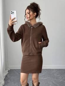 2 件套青少年女孩毛衣连帽夹克和紧身迷你裙套装，秋季时尚套装 - 灰色 - 查看 4