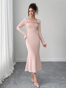 少女粉色方领蝴蝶结装饰腰部修身鱼尾下摆连衣裙，柔软甜美 - 粉色 - 查看 3