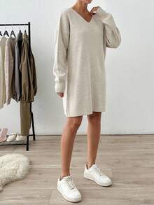 EURMUSE V Neck Long Sleeve Mini Sweater Dress - Apricot - View 5
