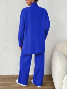 SHEIN Cottnline 女款半高領落肩毛衣2件/套 - 藍色 - 查看 2
