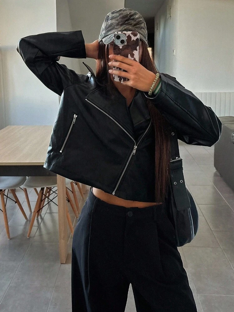 Women's Solid Color Long Sleeve Casual PU Leather Motorcycle Jacket, Autumn Y2k Women Coats