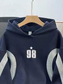 SHEIN Teen Girl Colorblock Letter Print Pattern Loose Casual Sweatshirt Fall Winter - Navy Blue - View 3